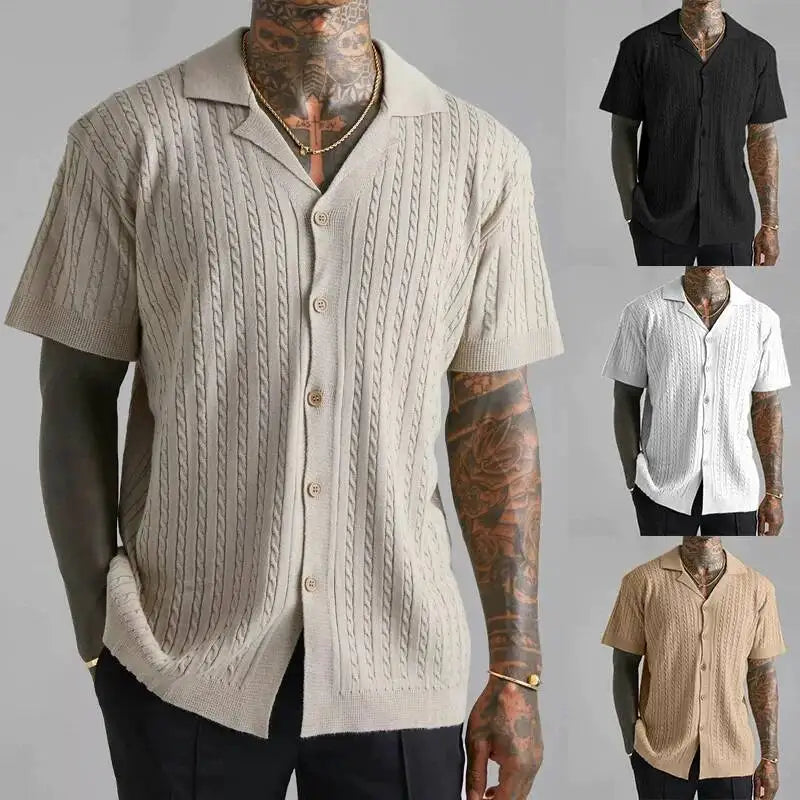 Spring Summer Knitted Button-Down Shirts, Casual Men's Breathable Short-Sleeved Shirts And Tops