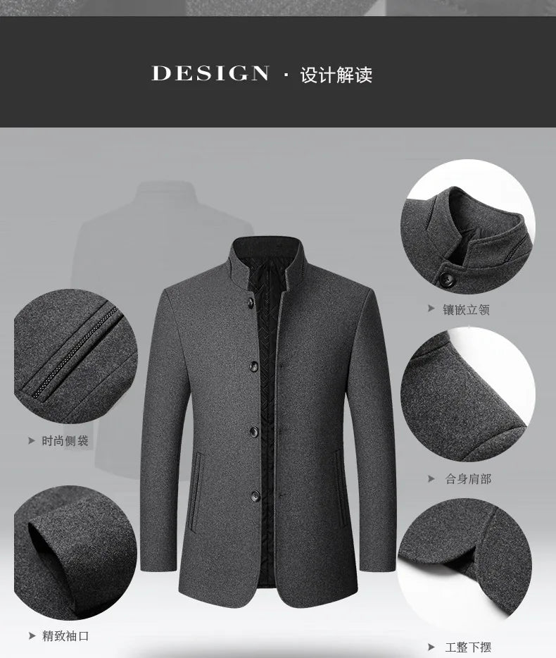 Autumn/Winter Men's Solid-Colour Wool-BlendJacket European Sizing FashionableStand Collar Non-IronTrendyBusiness-CasualOuterwear